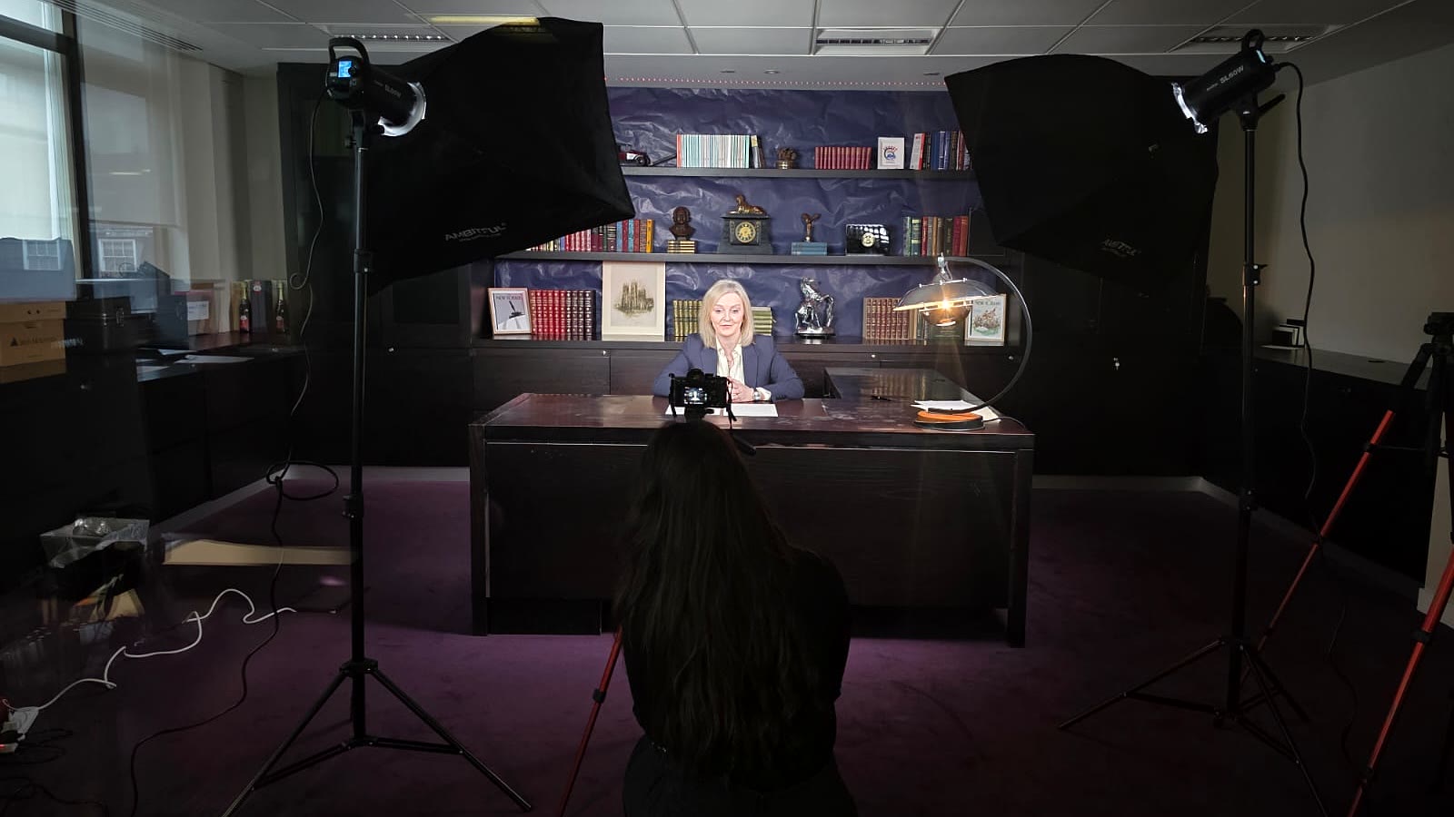 Behind-the-scenes production setup for The Liz Truss Show, with cameras, lighting and the studio desk visible.