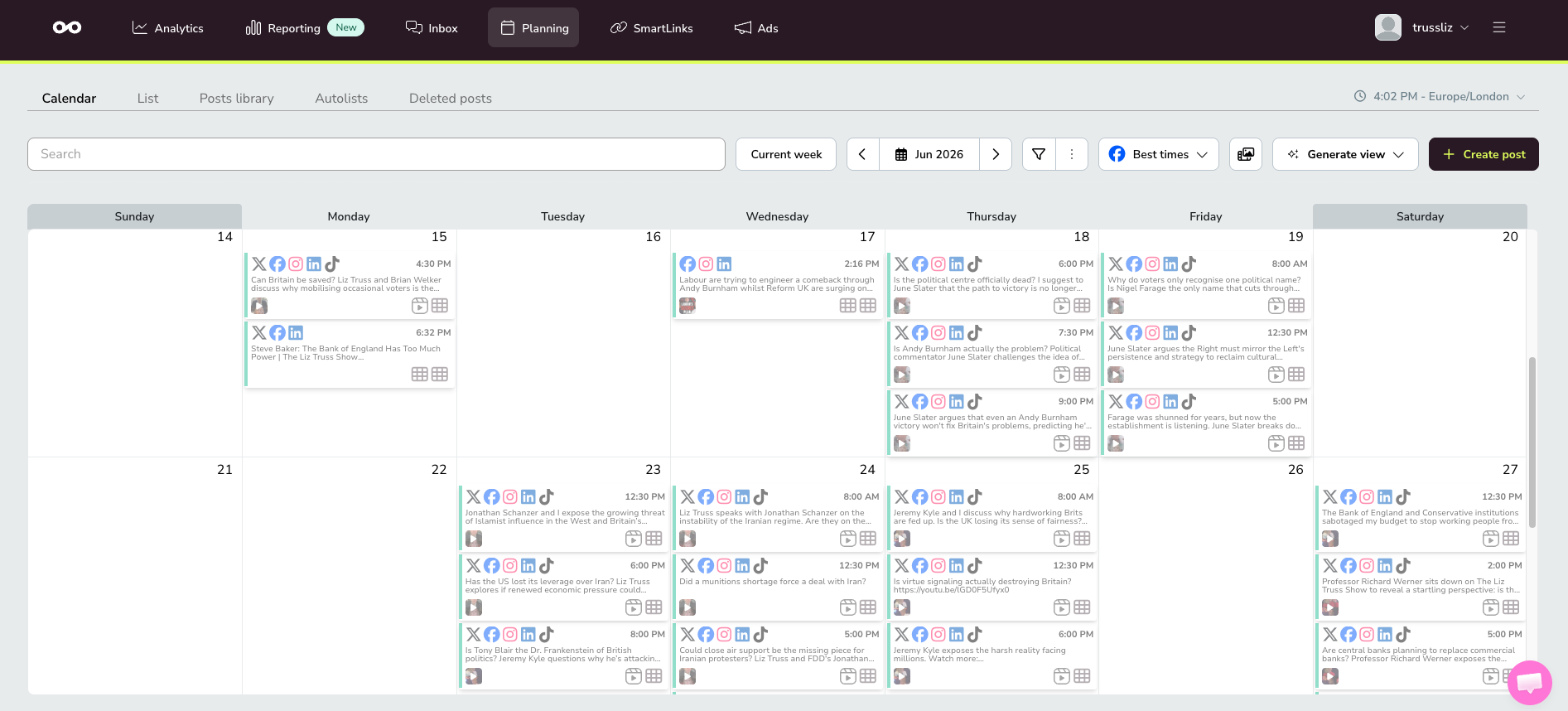 Metricool planning calendar for June 2026 showing multiple scheduled posts for The Liz Truss Show across X, Facebook, Instagram, LinkedIn and TikTok.