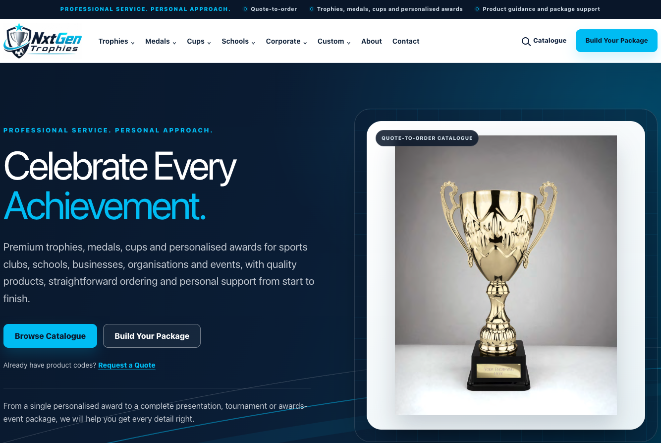 NxtGen Trophies homepage with catalogue and quotation routes